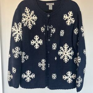 Eddie Bauer THICK Navy and Rabbit Hair White Snowflake Cardigan Medium